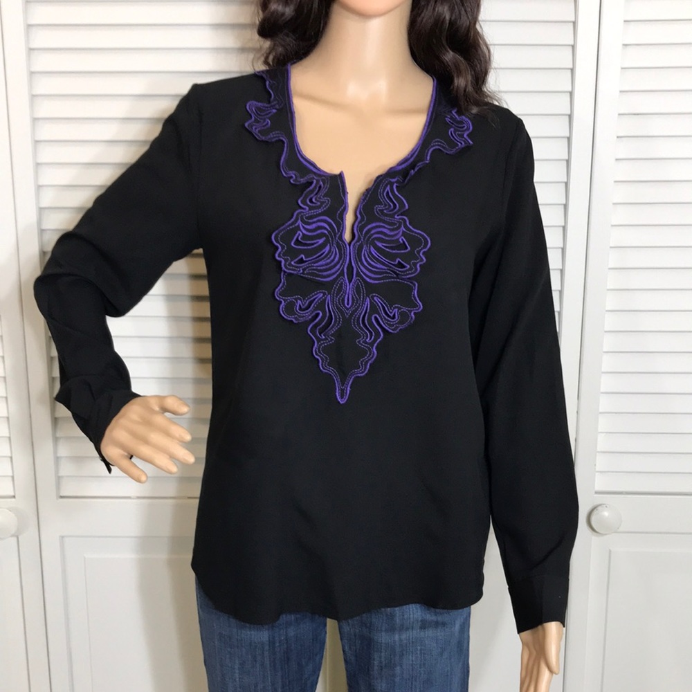 Vivienne Tam Black Blouse with Purple Embroidery